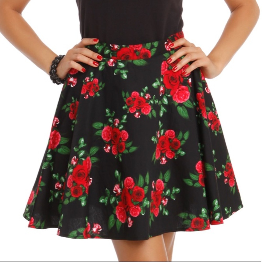 Hell Bunny Black A-Line Skirt with Red Rose Print